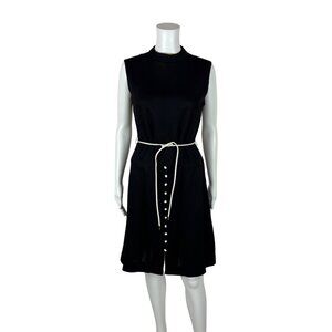 Vintage 60s Mod Dress Women's Small Black Mock Neck White Button Skirt Shift